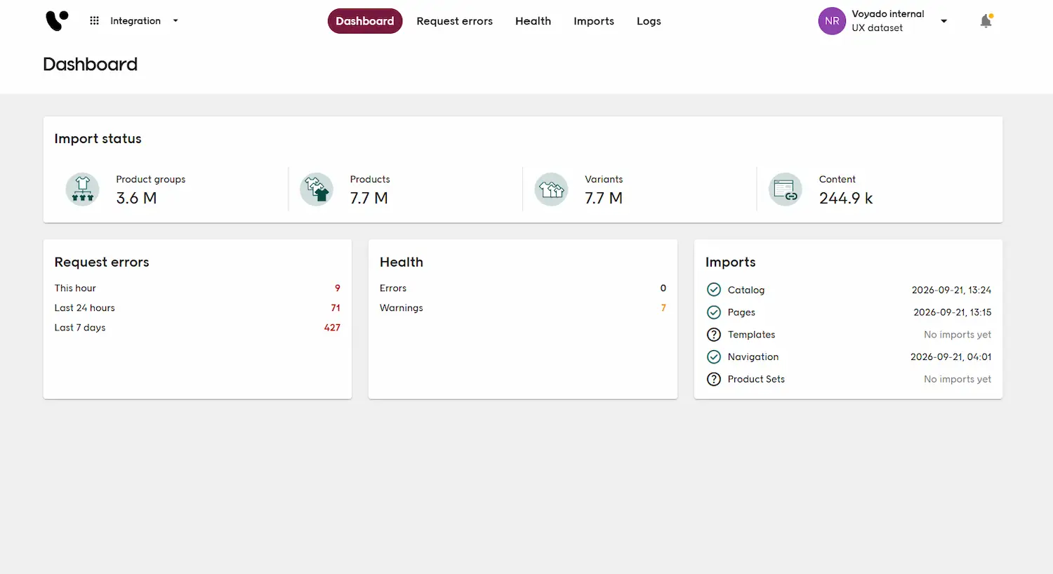 Integration dashboard with Request errors, Health, and Imports cards
